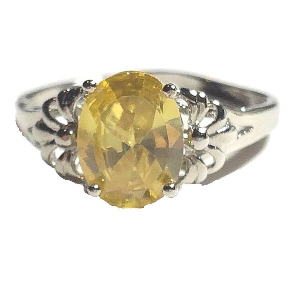 Sterling Silver Fleur de Lis Solitaire Ring Size 7 Canary Yellow Cubic Zirconia - Picture 2 of 10